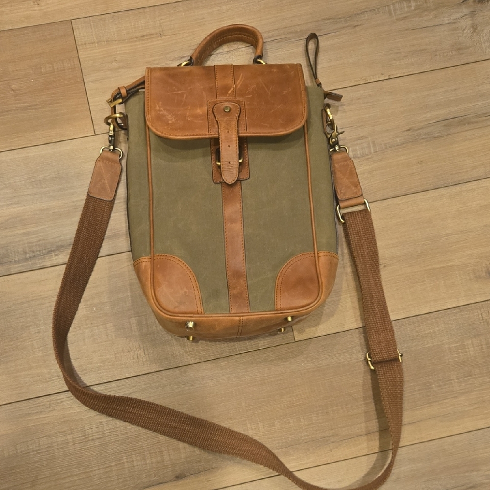 Canvas & Leather Wine Bottle Carrier Crossbody Bag Rustic Travel Picnic Tote